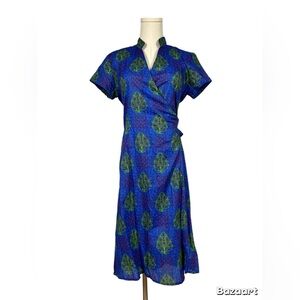 Fragonard Parfumeur 100% Cotton Blue and Green Wrap Dress size small